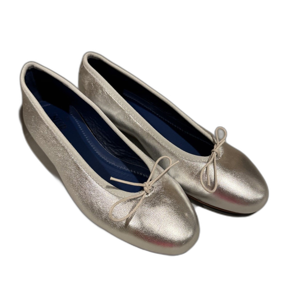 NUR Italy Ballet Flats Metallic Silver Leather Bow Women EU 39 US 8.5 Flat Shoes